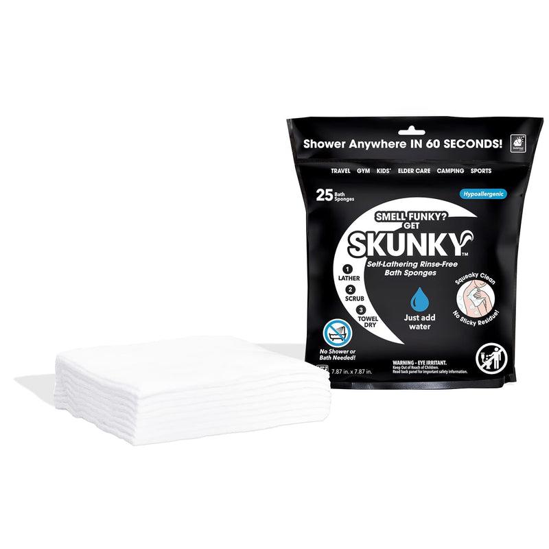[Australia] - Skunky Disposable Rinse-Free Bathing Sponge Wipes, AS-SEEN-ON-TV, Cleans Without a Shower, Just Add Water, Lather, Scrub & Dry With No Sticky Residue, Gym, Elder Care, Kids & More White 25 Count (Pack of 1) 