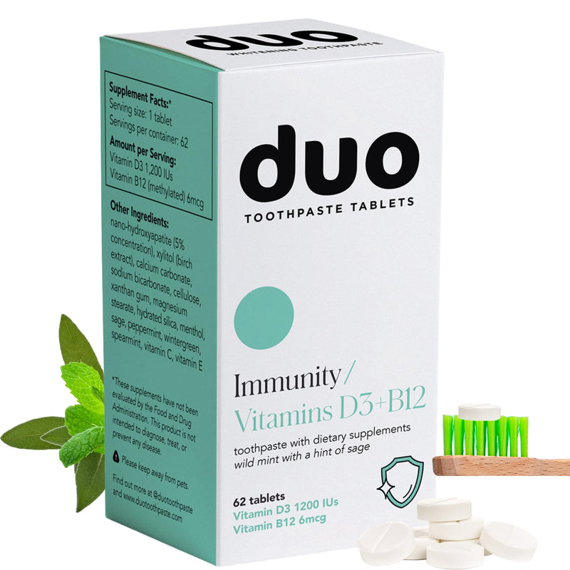 Duo Toothpaste Tablets, Vitamin D3 B12, Nano-Hydroxyapatite, Wild Mint | Nano-hydroxyapatite, enamel remineralization, gentle whitening, sensitivity relief, vitamin D3 and B12, wild mint sage taste Immunity 62 Count (Pack of 1)
