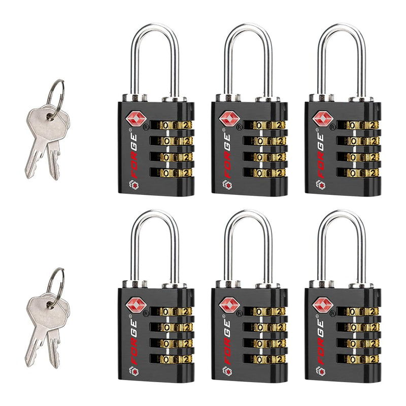 Forge Dual-Opening: Key or Combination Access Lock, Use Key to Recover Code If Forgotten, TSA Approved Locks for Luggage, Pelican case, Travel, Gym, School, Stainless Steel Shackle.(Black 6 Pk) Black
