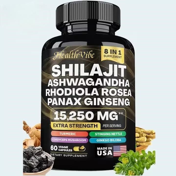 [Australia] - Shilajit 9000 Panax Ginseng 1500MG Ashwagandha 2000MG Rhodiola Rosea 1000MG, Turmeric 500MG, Gingko Biloba 500MG, Stinging Nettle 250MG, Cordyceps Mushroom 500MG (60 Caps) 60 Count (Pack of 1) 