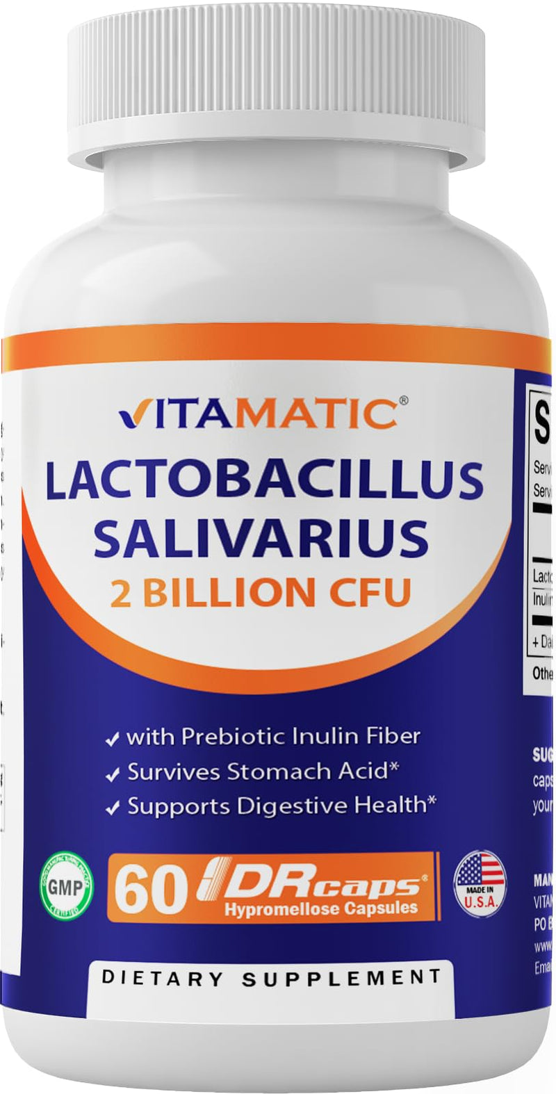 [Australia] - Vitamatic Lactobacillus Salivarius 2 Billion per DR Capsule - 60 Count - Digestive Support - Made with Prebiotic Inulin Fiber (1 Bottle) 1 Bottle 