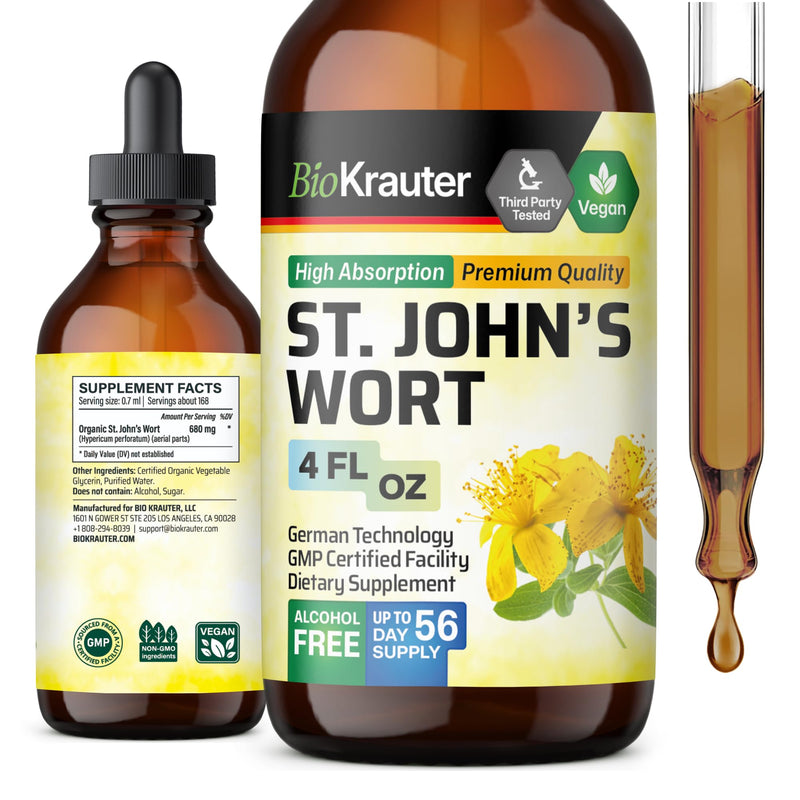 [Australia] - St Johns Wort Tincture - Organic Hypericum Perforatum Liquid Extract for Mood Support - High Absorption - St Johns Wort Alcohol Free Vegan Drops 4 Fl.Oz. 4 Fl Oz (Pack of 1) 