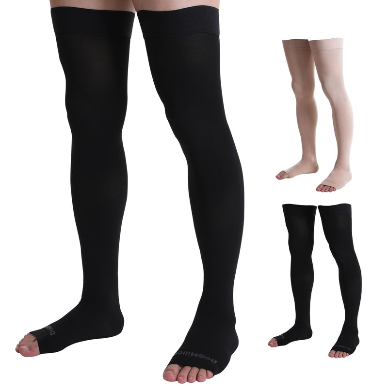 [Australia] - Doc Miller Thigh High Open Toe Compression Stockings 15-20mmHg for Varicose Veins, Pregnancy Support Open Toe Thigh High Compression Socks for Women and Men Large Black 