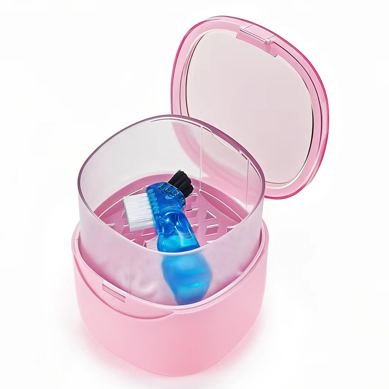 [Australia] - Partial Denture Case Leak Proof with Strainer Basket and Brush, Waterproof Denture Cup Retainer Cleaning Bath Case Travel for Dentures, Braces, Night Guard - Pink 