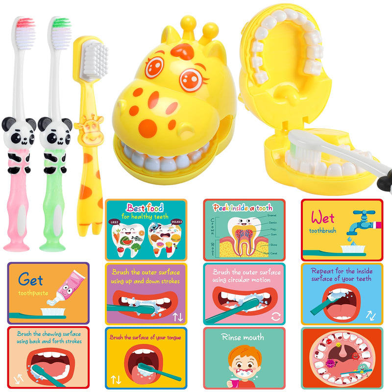 [Australia] - Skylety 2 Set Dentist Kit for Kids Dentist Play Set Dental Teeth Model with Toothbrush Child Dental Educational Card Standard Size Fake Brace Demonstration Teaching for Children Student(Giraffe) Giraffe 