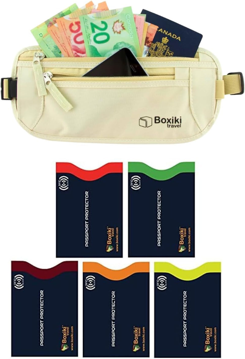 Boxiki Travel Safety Essentials: RFID Sleeve Set of 5 & Money Belt | Advanced Anti-Theft Protection for Secure Travel.
