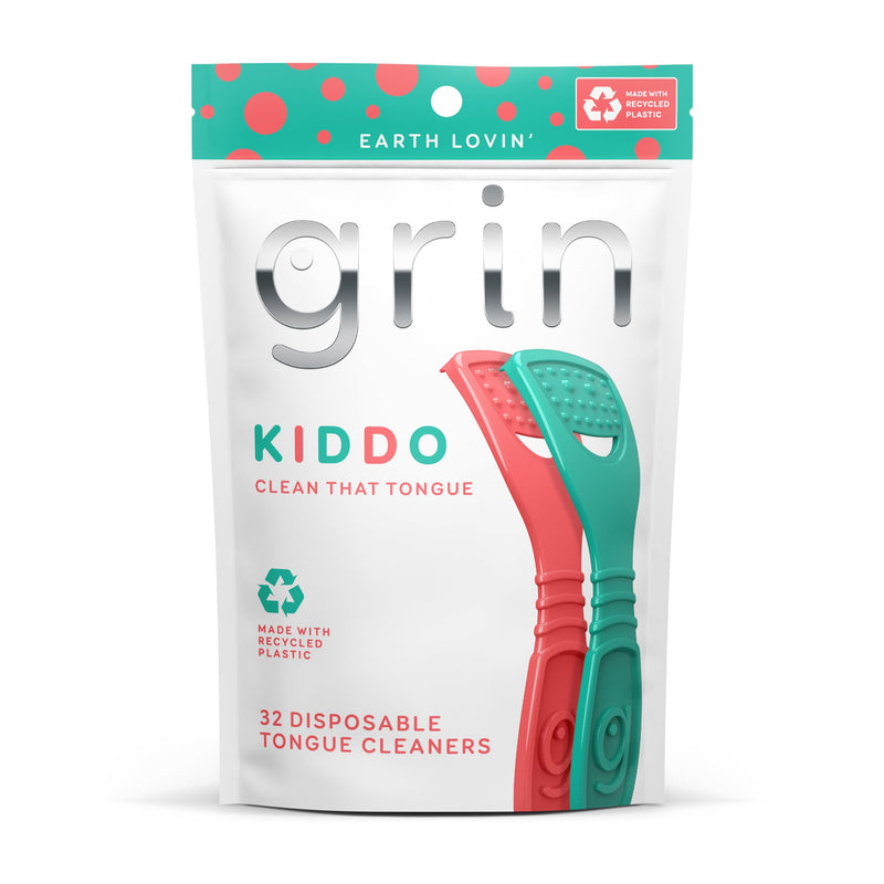 [Australia] - GRIN Kiddo Tongue Cleaner, 32 Count, Disposable Tongue Cleaner, Hygienic Scraper, Jumbo Grip, Recycled Plastic, Keep Kiddos Healthy, Promote Fresh Breath 32 Foot (Pack of 1) 