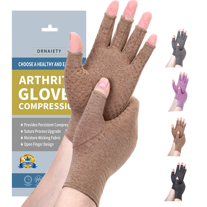 [Australia] - DRNAIETY Compression Gloves- Arthritis Gloves for Men & Women Hand Pain, Rheumatoid, Swelling, Carpal Tunnel Pain, Tendonitis, Anti-Slip Fingerless for Typing Daily Work(M, Khaki) Medium 