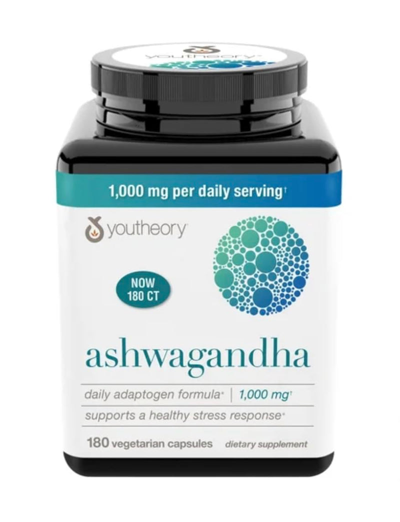 [Australia] - Youtheory Ashwagandha 1000mg with KSM-66 - Helps Support a Healthy Stress Response,180 Capsules (Pack of 1) 