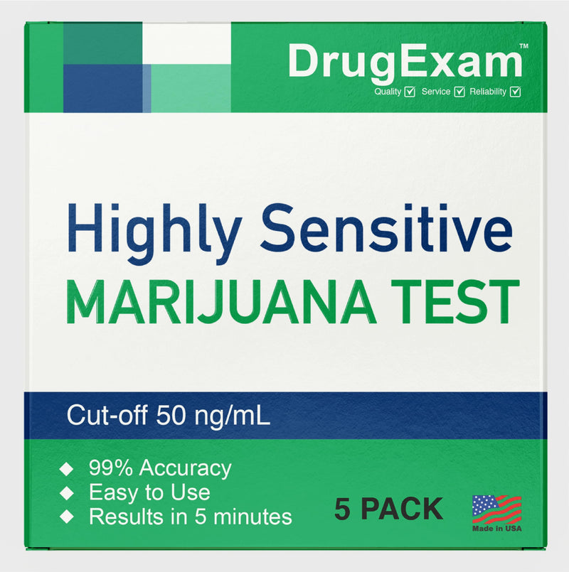5 Pack - DrugExam Made in USA Highly Sensitive Marijuana THC Testing Drug Test Strip Kit - Drug Test with 50 ng/mL Cutoff Level for Detecting Any Form of THC in Urine up to 35 Days. Urine Test Strips
