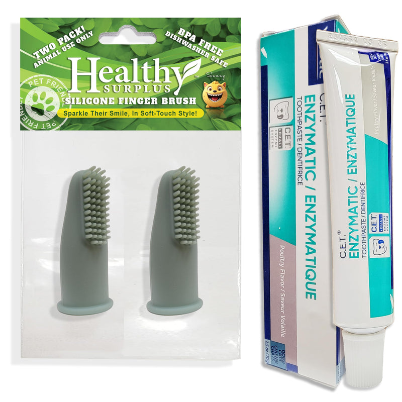 [Australia] - Healthy Surplus Silicone Finger Brush Twin Pack | 1 Virbac CET Enzymatic Poultry Toothpaste 2.5 oz/70 g | Fresh Breath, Plaque & Tartar Control | Dog Tooth Brushing Kit Oral Care for Pets 