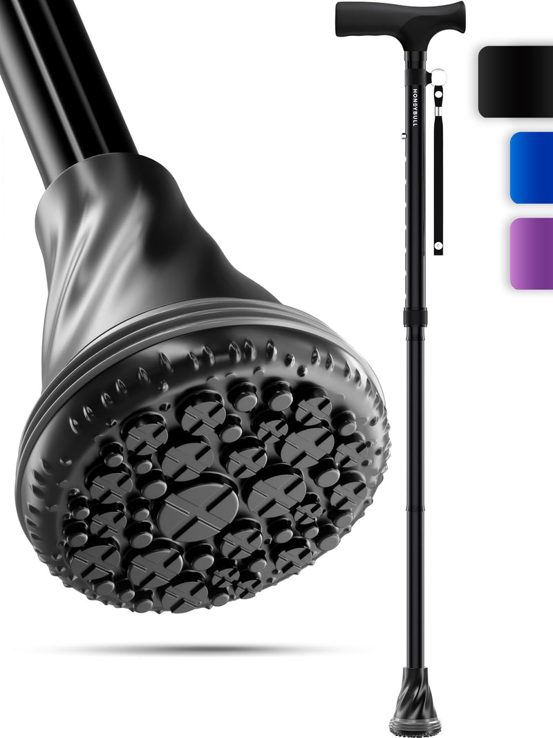 [Australia] - HoneyBull Walking Cane | Single Tip Canes for Men & Women, Foldable, Adjustable, Heavy Duty Up to 250 Pounds, with Travel Bag, Walking Canes for Seniors Premium Tip Black 