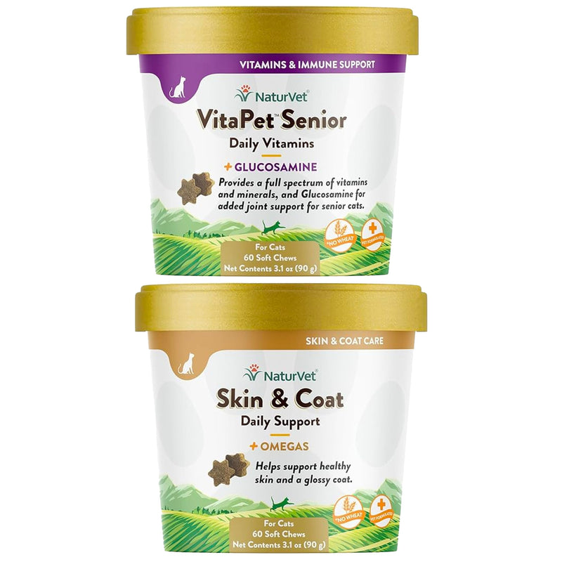 NaturVet – Skin & Coat Plus Omegas for Cats – 60 Soft Chews | Supports Healthy Skin & Glossy Coat | & VitaPet Senior Daily Vitamins for Cats, Formulated to Provide Essential Minerals, 90 g, 60 Count - PawsPlanet Australia