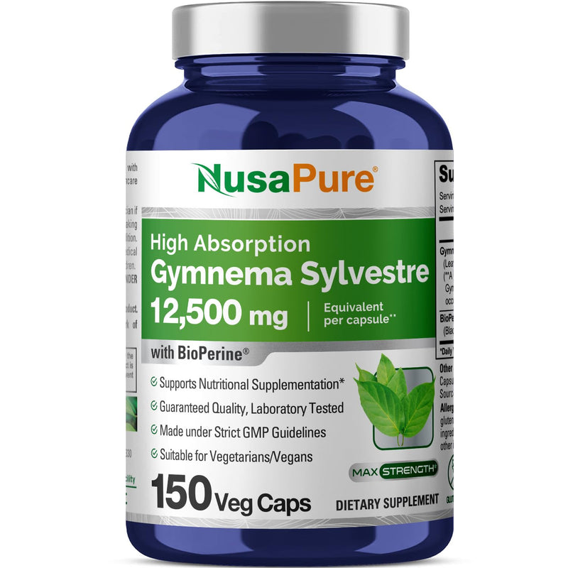 [Australia] - NusaPure Gymnema Sylvestre 12500 mg Per Vegan Caps - 150 Count - 50:1 Extract (Non-GMO, Vegan, Bioperine) 