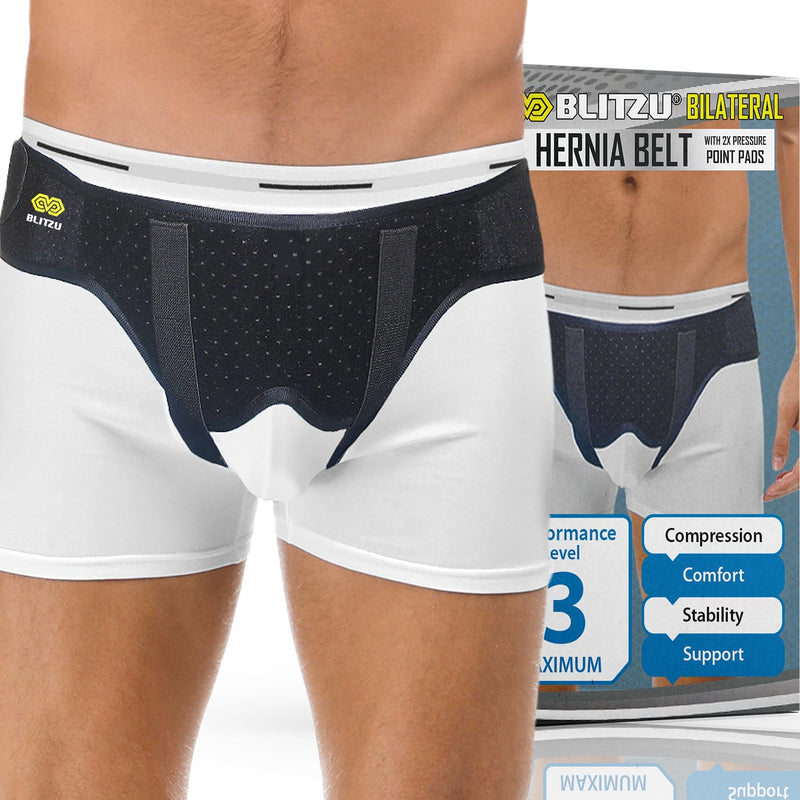 [Australia] - BLITZU Single Double Bilateral Inguinal Hernia Belt Truss for Sports, Incisional, Femoral, Umbilical Support Brace for Men Women. Pain Relief Surgery Recovery with 2 Removable Compression Pads S-M Small/Medium 