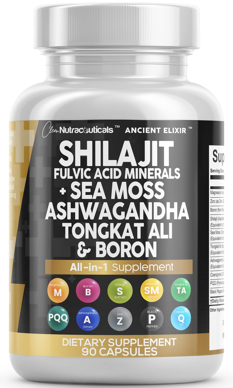[Australia] - Shilajit Supplement 10,000mg with Sea Moss 6000mg, Ashwagandha 6000mg, Tongkat Ali, Boron, Magnesium - Fulvic Acid Capsules for Men - 90 Count 