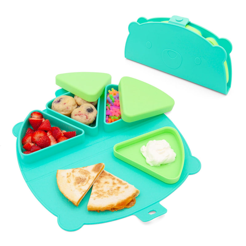 [Australia] - Silicone On-The-Go Snack Mat ‚Äì Foldable Reusable Placemat with 3 Compartments and Lids ‚Äì Travel-Friendly Baby and Toddler Snack Plate ‚Äì Dishwasher Safe (Aqua) Aqua 