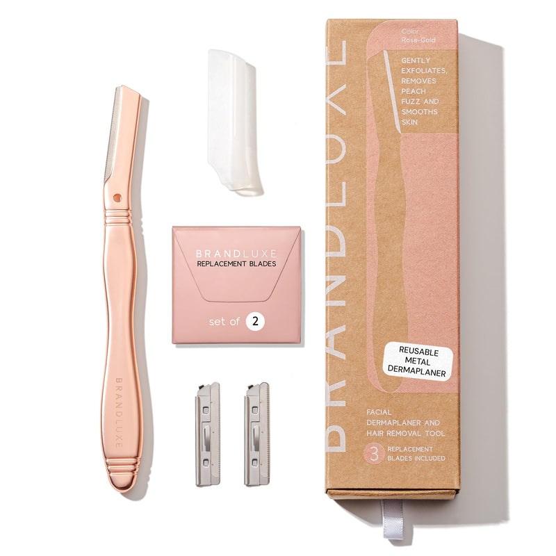 [Australia] - Dermaplaning Tool for Face, Eyebrow Shaping, Hair Removal and Exfoliation. Eco-friendly design. Includes 3 Swedish stainless steel blades in RoseGold (Starter Kit) Rose Gold 
