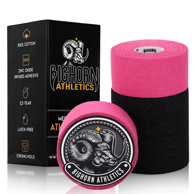Bighorn Athletics Sports Tape & Medical Tape, Wrist Tape & Ankle Support Tape, EZ-Tear Zinc Oxide Infused Tape for Sensitive Skin, First-Aid Tape, 1.5-Inch x 45-Feet, 4 Rolls (Black & Pink) Black & Pink