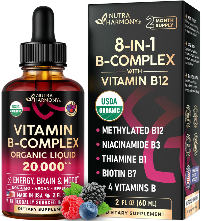 USDA Organic Vitamin B-Complex 20000mcg - B5, B12, B1, B6, B7, B9, B3 - 2Oz | B Complex Liquid Drops - Pantothenic Acid, Methylcobalamin, Thiamine, Pyridoxine, Biotin, Folic, Niacinamide - Berry Flavor B-Complex 2oz