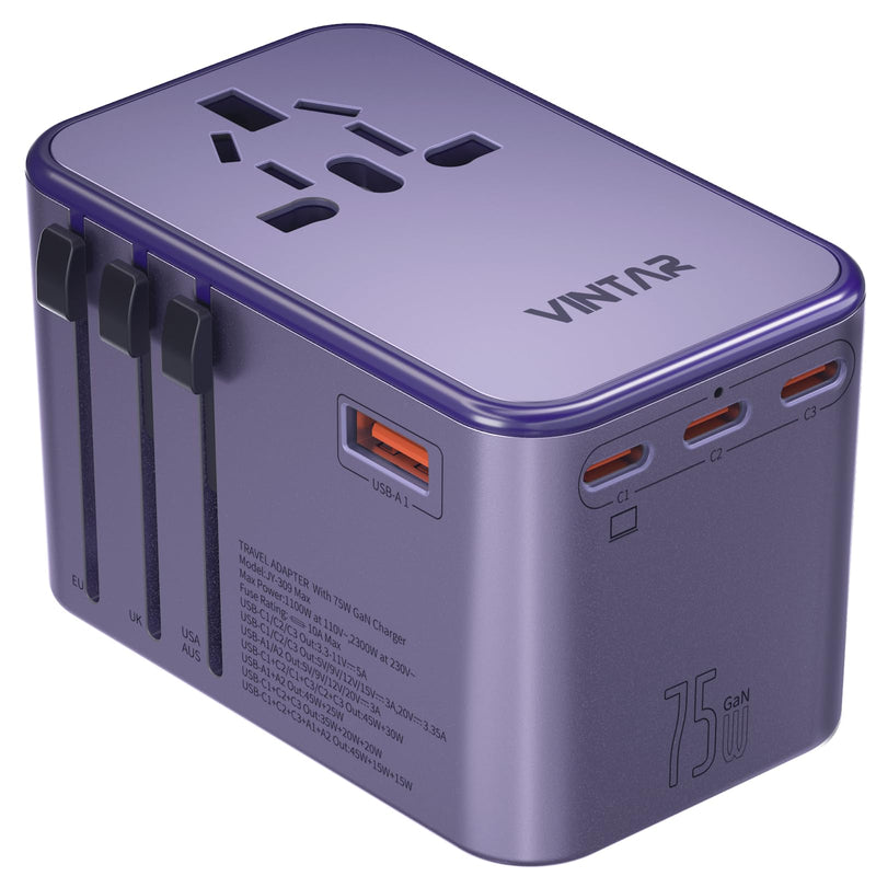 VINTAR GaN Universal Travel Adapter 75W, 6-in-1 with 3USB-C PD & 2USB-A QC | International Power Adapter for EU/UK/US/AU, Fast Charging for Laptops/Tablets/Phones, Type C/G/A/I Plug, Purple 75W Purple
