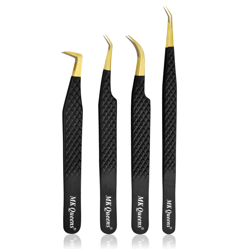 Lash Tweezers - Stainless Steel Fiber Tip Eyelash Tweezers (Set of 4) - Diamond Grip Professional Lash Tweezers for Eyelash Extensions (Black) Black