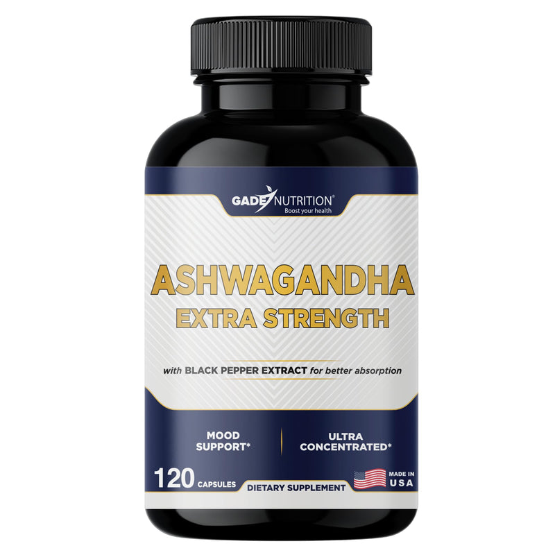 Gade Nutrition Ashwagandha Supplements - Extra Strength, ashwagandha Powder Capsules with Black Pepper, Natural Mood, Focus, and Energy Support Supplement, 120 Veggie Capsules, USA Made 120 Count (Pack of 1)