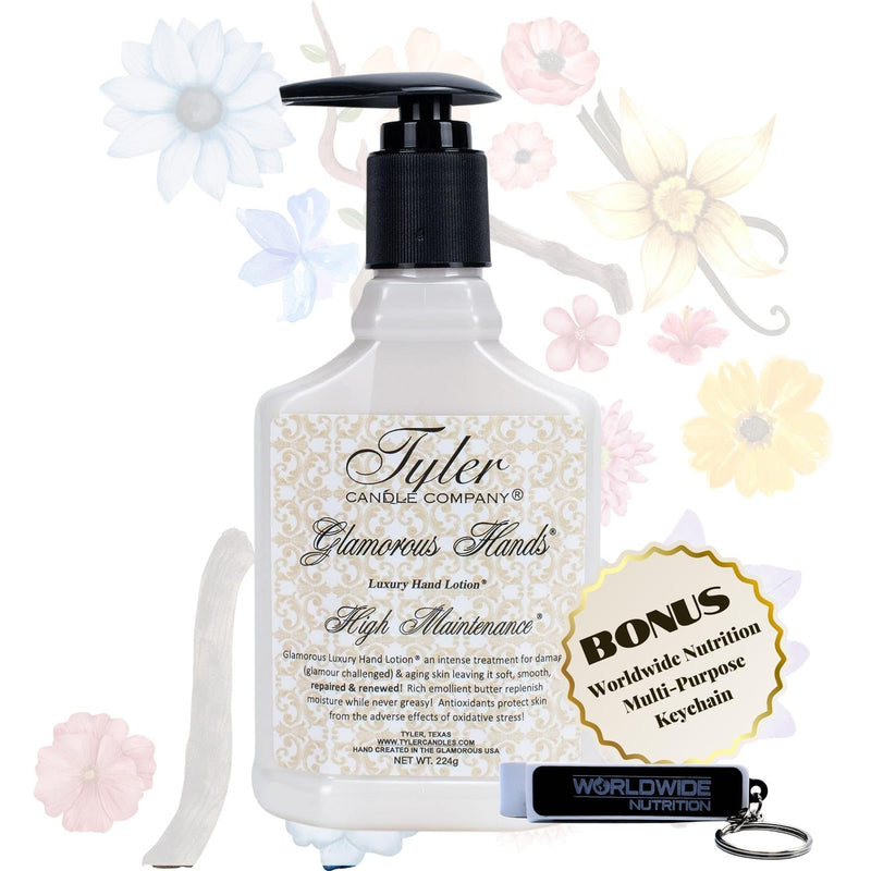 [Australia] - Worldwide Nutrition Bundle: Tyler High Maintenance Hand Lotion - Scented and Small Hand Cream For Dry Hands - 8 Oz Travel Size Luxury Hand Moisturizer and Multi-Purpose Key Chain 8 Fl Oz (Pack of 1) 