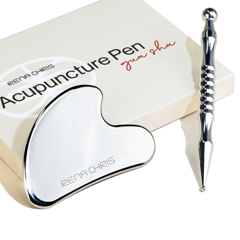 [Australia] - Rena Chris Stainless Steel Gua Sha and Acupuncture Pen, Manual Reflexology Tools for Muscle Tension and Pain Relief, Acupressure Pen and Gua Sha Set with Reflexology Chart, Easy to Use 