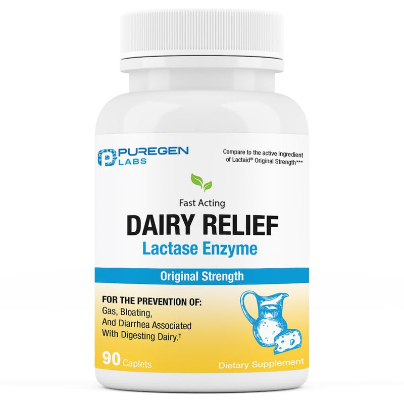 [Australia] - Puregen Labs Dairy Relief Natural Fast Acting Lactase Enzyme 3000 FCC, Lactose Intolerance Pills 90 Caplets 1 
