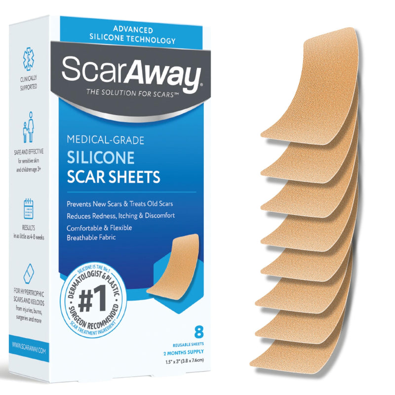 [Australia] - ScarAway Advanced Skincare Silicone Scar Sheets, Medical Grade Silicone Strips, No 1 Recommended Treatment for Surgical, Burn, Body, Acne, Hypertrophic & Keloid Scar Treatment, 8 Tan Reusable Sheets 8 Count 