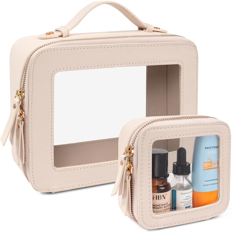 2 Pack Clear Travel Toiletry Bag for Women, Large & Mini Waterproof PU TSA Approved Cosmetic Pouches,Portable Beach Vacation Makeup Organizer Set,See Through Skincare Sunscreen Bags for Women 0-Large+Mini-Beige