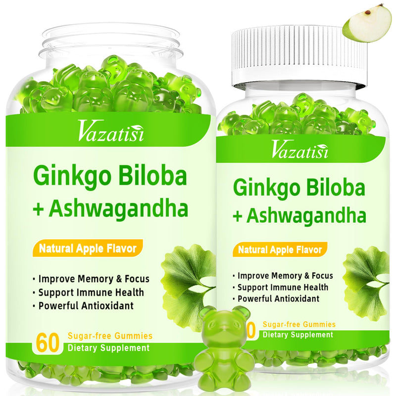 [Australia] - 2 Pack Ginkgo Biloba Gummies with Panax Ginseng Maca Root for Better Mood & Focus,Traditional Energy Booster and Brain Health, Ginkgo Biloba Supplements Vegan, Non-GMO, Natural Apple Flavor 60 Count (Pack of 2) 