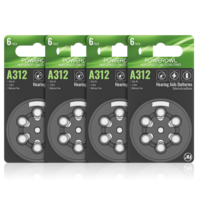 [Australia] - POWEROWL Hearing Aid Batteries Size 312, High Capacity Cell, Long Lasting 312A battery, 24 Count 