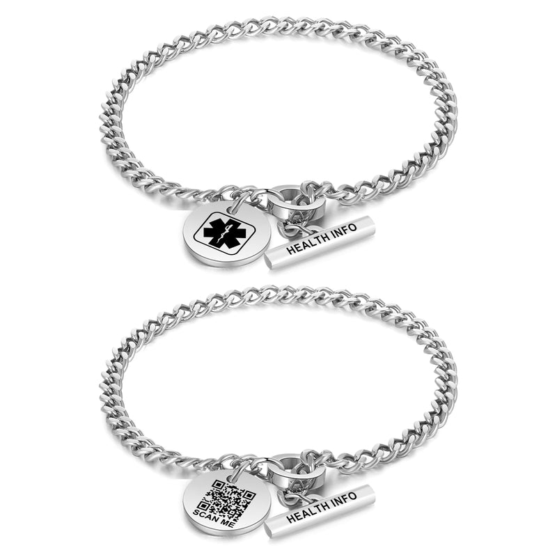 [Australia] - Upgraded QR Code Medical ID Bracelets for Women Medical Alert Bracelet - Sterling Silver 7'' Cuban Chain Link - More Space Save & Change Emergency Medical Info Anything 7.08'' Thin Cuban chain-Silver 