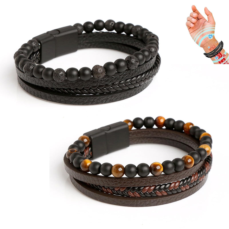 [Australia] - Natural Agate Stone Leather Beaded Bracelets, Volcanicx Wellness & Relief Bracelet, Volcanicx Menopause Magtherapy Bracelet Humanic+ Maxhematie Lymph Detox Slimming Jewelry Gift For Men Women Black&Brown 