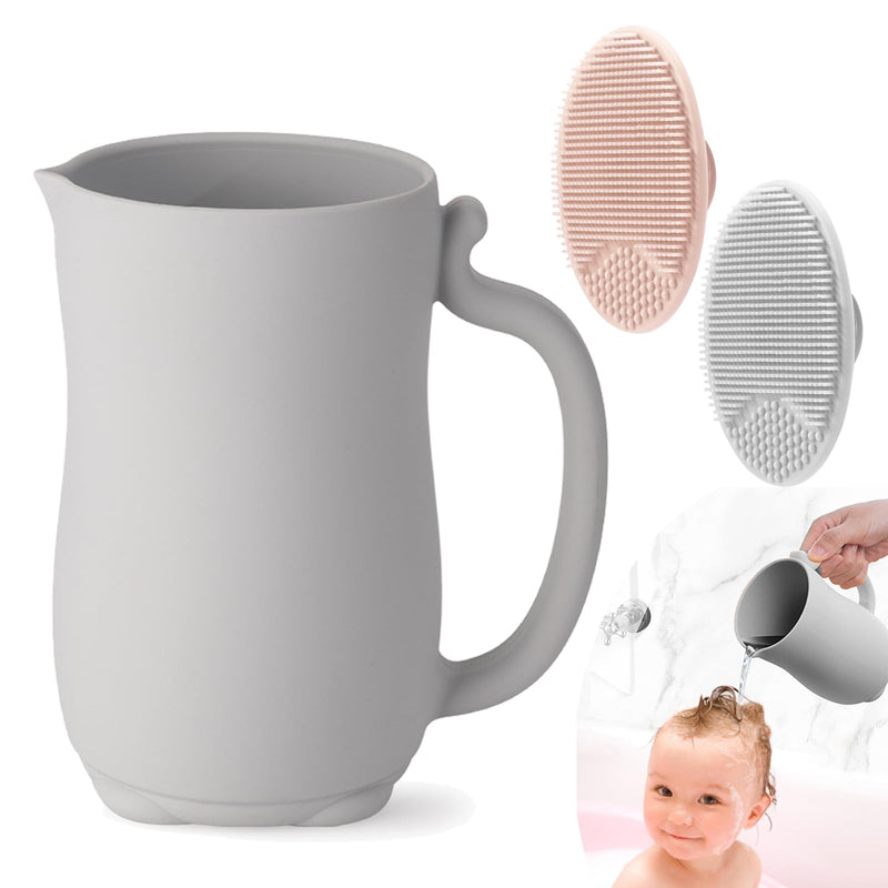 [Australia] - PandaEar Baby Bath Rinse Cup, Silicone Baby Shampoo Rinser with 2 Pack Cradle Cap Brush for Kids Toddler Body Washing (Grey) Grey 