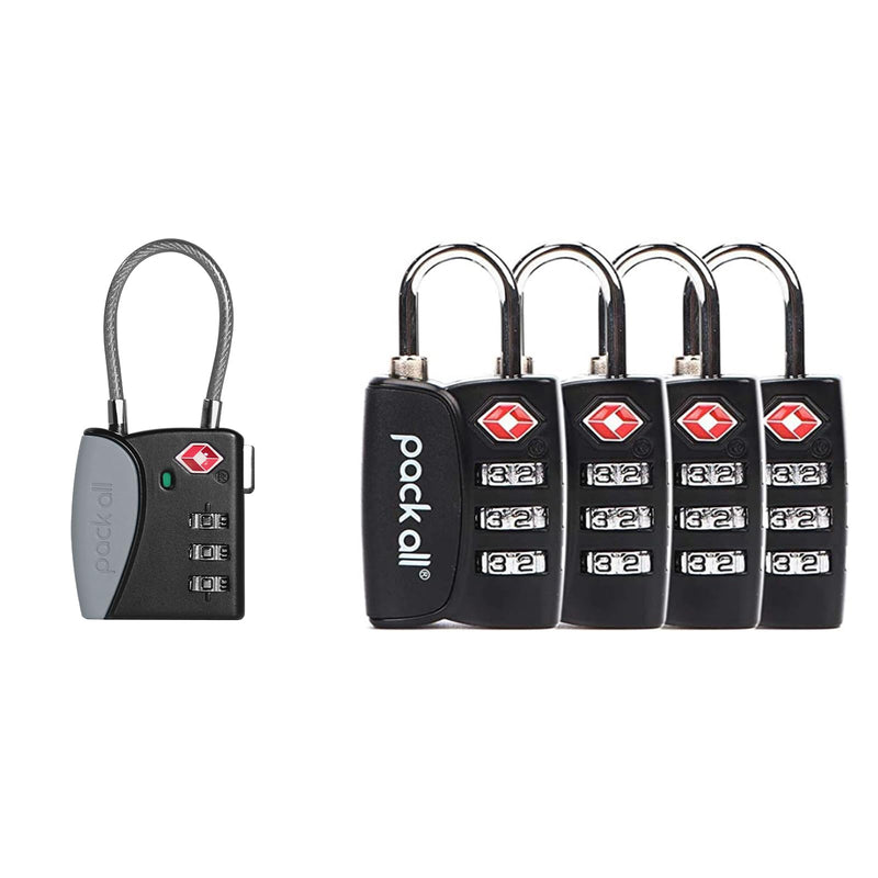 pack all Travel Accessories Bundle | TSA Cable Luggage Lock (1 Pack Grey + 4 Pack Black)
