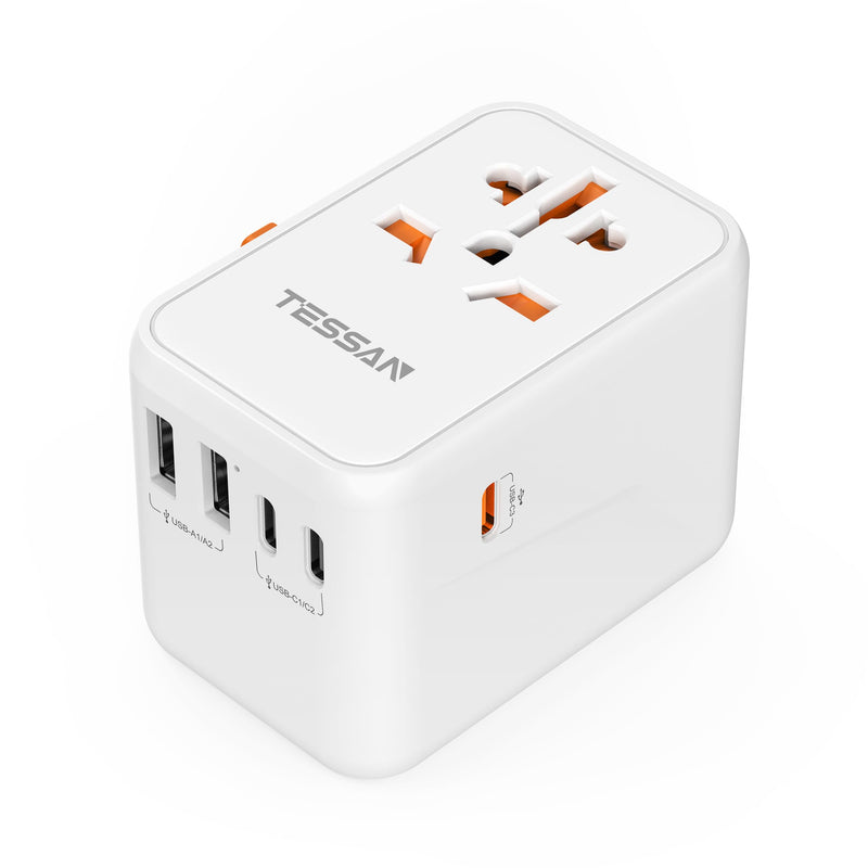 TESSAN Universal Travel Adapter, GaN 65W | 3 USB C Ports, 2 USB A Ports, Type C/G/A/I, European USA UK Australia Ireland Snow white