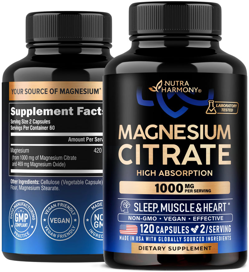 [Australia] - Magnesium Citrate Capsules 1000mg | High Absorption Supplement - Sleep, Muscle & Heart Support - Vegan | Non-GMO - Made in USA - As Powder | Pills | Tablets - 120 Capsules, 2 Month Supply 120 Count (Pack of 1) 