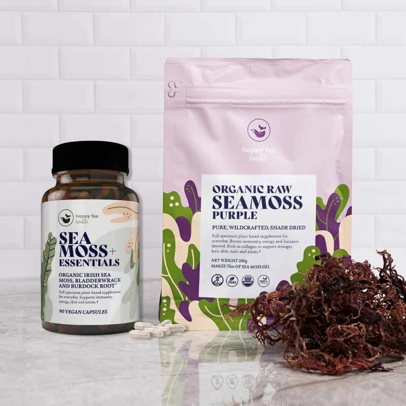 Essentials & Purple Sea Moss Bundle - Organic Sea Moss Raw Purple & Irish Sea Moss, Bladderwrack and Burdock Root Capsules