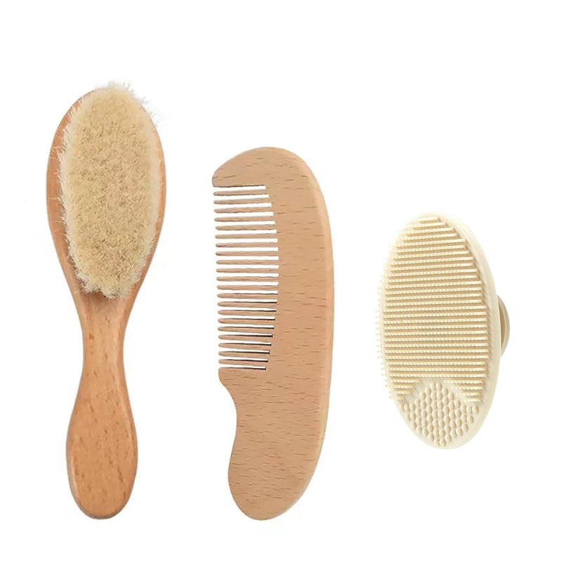 [Australia] - PandaEar 3 Pack Baby Brush and Comb Set Newborn, Silicone Cradle Cap Brush for Babies, Soft Newborn Hair Brush with Soft Goat Bristles, Wooden Toddler Comb Hairbrush Set for Boys and Girls 
