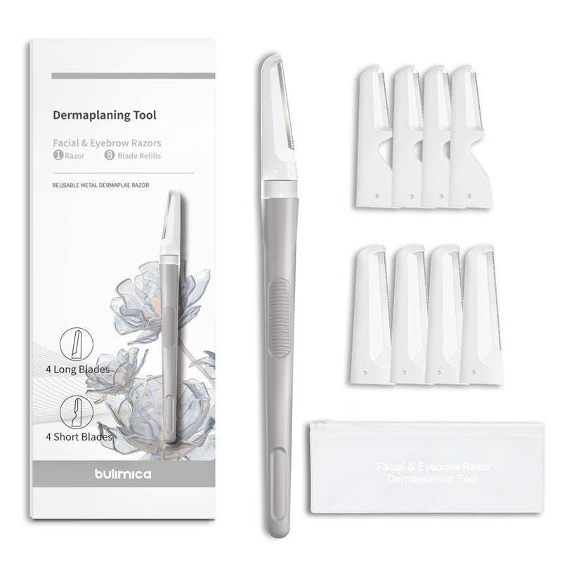 Dermaplane Razor for Women Face, Precision Face Razors for Women, Dermaplaning Tool, Gentle Exfoliation, Perfectly Shape Brows, Reusable Metal Handle with 8 Microblades,Gray Gray with 8 Refills