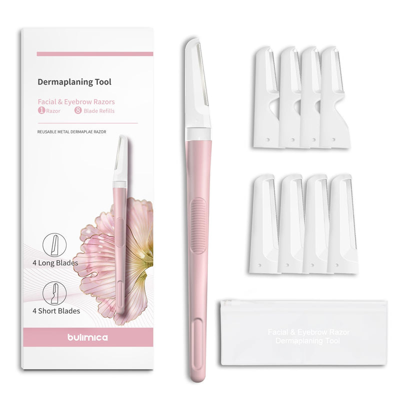 Dermaplane Razor for Women Face, Precision Face Razors for Women, Dermaplaning Tool, Gentle Exfoliation, Perfectly Shape Brows, Reusable Metal Handle with 8 Microblades, Pink Pink with 8 Refills