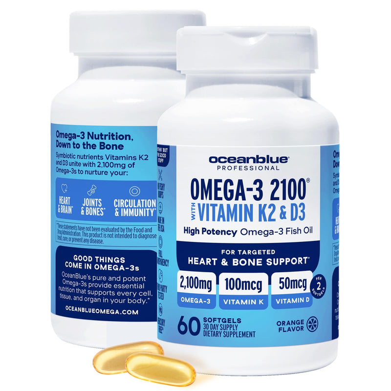 Oceanblue Professional Omega-3 2100 with Vitamin K2 and D3 - Triple Strength DPA EPA DHA Omega 3 Supplement - Burpless Wild Caught Fish Oil - Orange Flavor, 2-Pack of 60 Softgels (60 Servings) 2 Count (Pack of 60) Standard Size