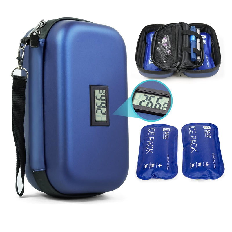 [Australia] - 24h Insulin Cooler Travel Case TSA Approved Medication Diabetic Cooler For Travel With Thermometer Temperature Display Refrigerated Medicine Organizer Bag With 2 Ice Pack Blue 