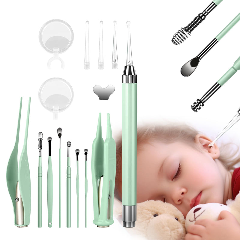 [Australia] - POZILAN Ear Cleaning Kit with LED Light - 15 Pack Ear Wax Removal Kit for Kids and Adults, Earwax Spoon Digger & Tweezers for Ear Cleaning Tool Present SetÔºàGreenÔºâ Green 