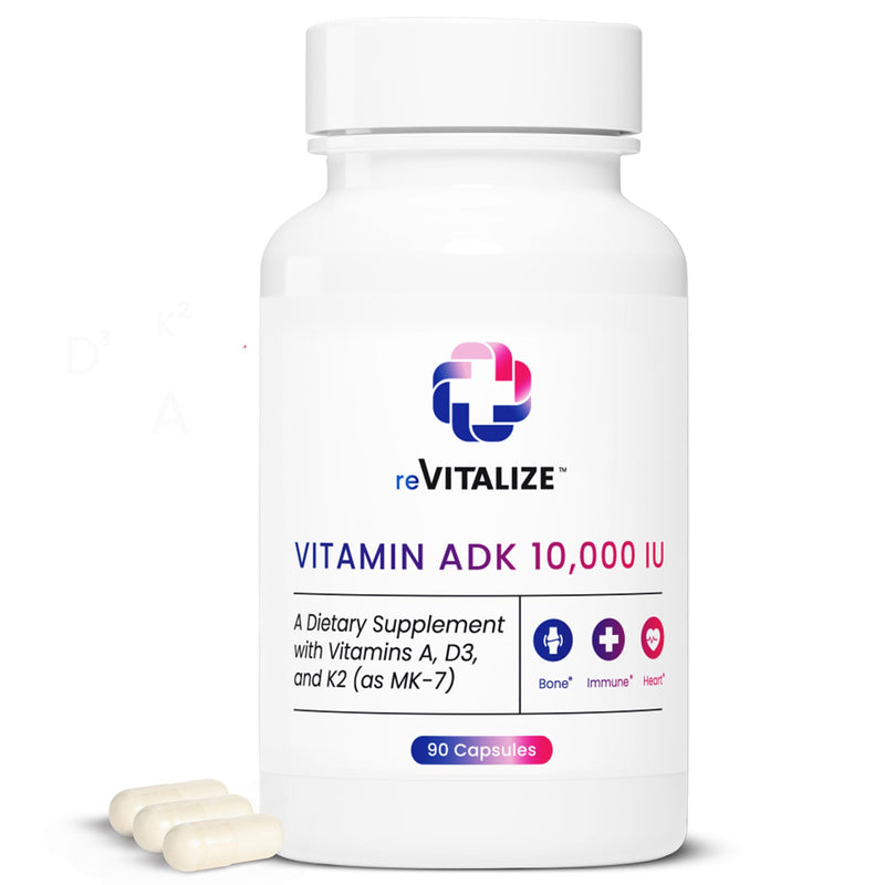 REVITALIZE ADK Vitamin Supplement 10,000 IU - 90 Servings, High Potency Vitamin A, D3 & K2 (MK-7) for Bone Strength | Supports Heart Health and Immune Function - Convenient Capsule Form