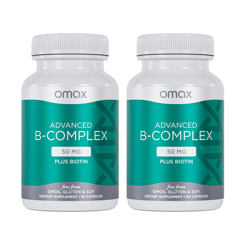 Omax3 Advanced Vitamin B Complex 50 mg with Biotin, 90 Capsules 2-Pack | Strong Hair, Skin & Nails, Energy Metabolism, Immune Health & Everyday Stress Support 90 Count (Pack of 2)