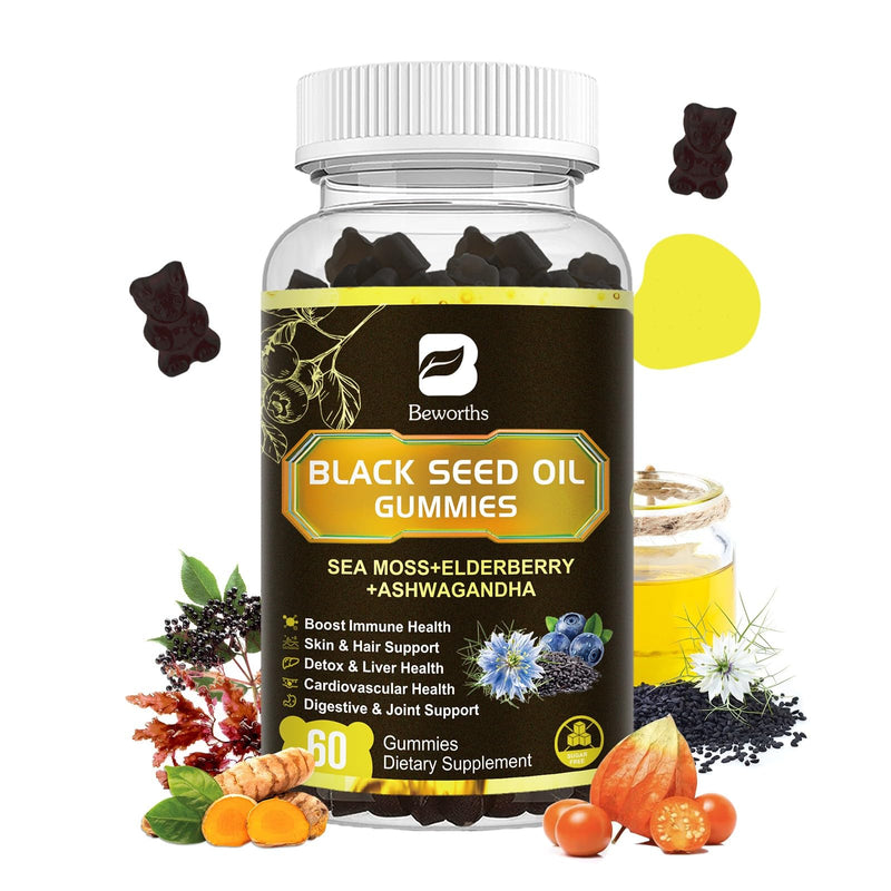 [Australia] - Black Seed Oil & Sea Moss Gummies, Organic Irish Sea Moss Gummies with Ashwagandha, Black Seed Oil, Elderberry, Turmeric, Vitamin D3/C and Zinc - Support Joints, Digestion, Hair & Skin 60 Count (Pack of 1) 